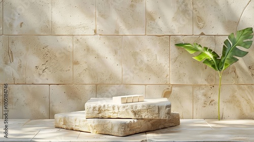 Stone Background with Minimalist Platform and Lush Foliage