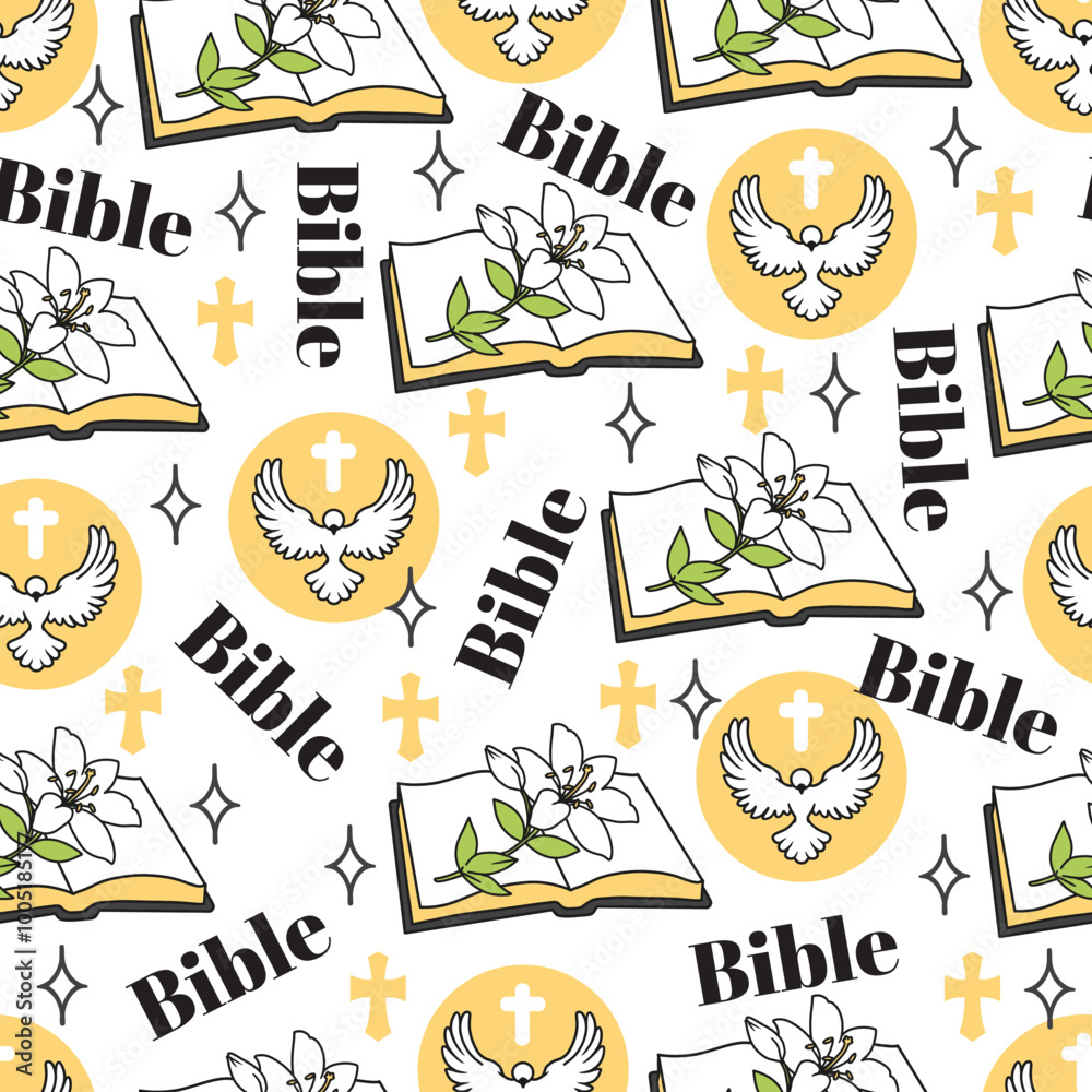 Fototapeta premium White Holy Harmony Blessed Books Garden Pattern. This design is perfect for enhancing spiritual publications, religious event decor, or creating thoughtful gifts.
