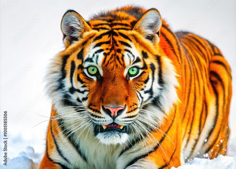 Naklejka premium Vibrant orange tiger with bold black stripes and piercing green eyes leaps into action, its dynamic pose and expressive features frozen in mid-motion against a white background.