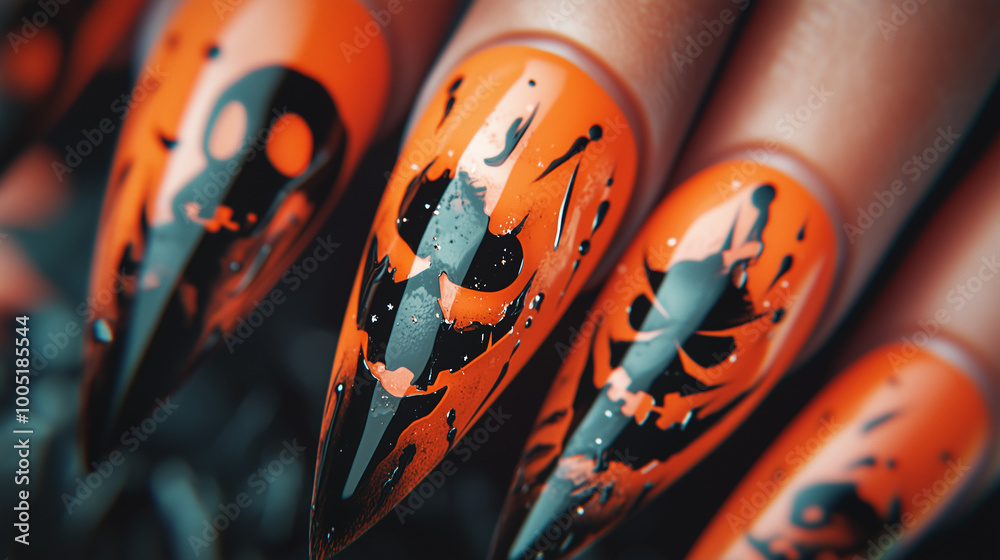 Fototapeta premium A detailed closeup of long, pointed Halloween nails featuring spooky faces in vibrant orange and black for a festive and eerie touch 