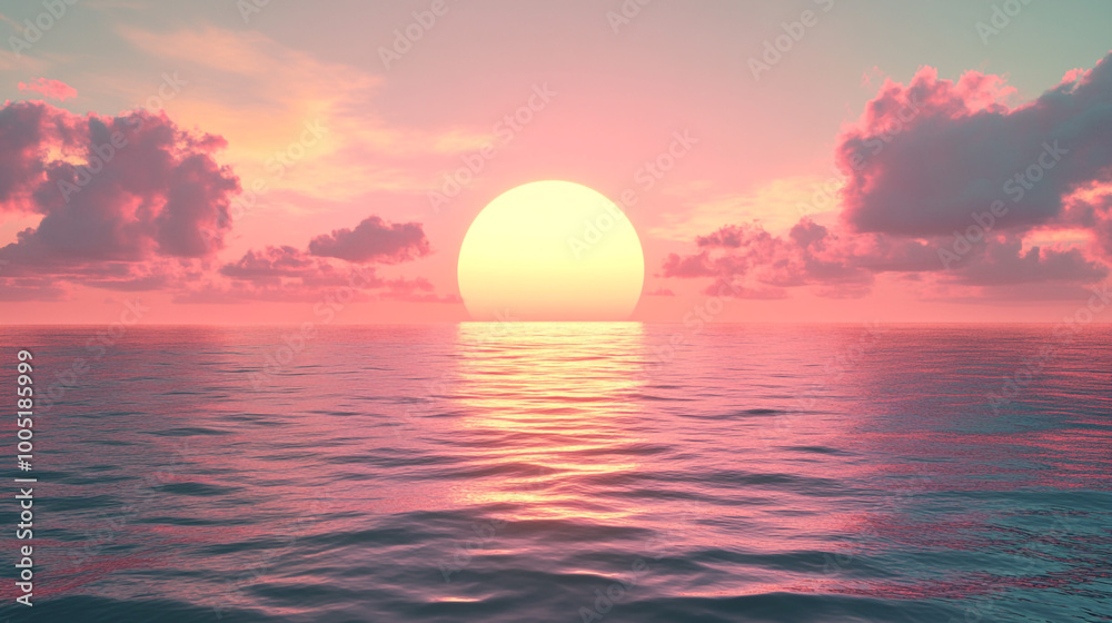 Serene Sunset Over Calm Ocean Waters. A tranquil sunset casts soft pink hues across the sky and reflects beautifully on the calm ocean waters Serene Sunset Over Calm Ocean Waters. A tranquil sunset casts soft pink hues across the sky and reflects beautifully on the calm ocean waters