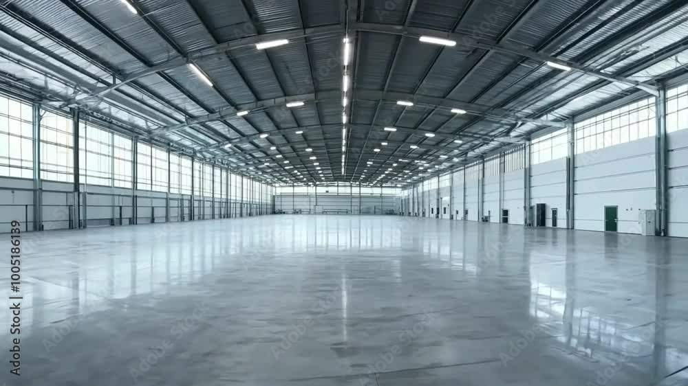 A spacious, modern industrial warehouse with large windows and polished concrete floors, designed for storage or business operations. A spacious, modern industrial warehouse with large windows and polished concrete floors, designed for storage or business operations.