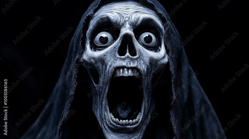 A grim reaper with wide eyes and an open mouth screams in terror against a pitchblack background, capturing the essence of a chilling Halloween spirit A grim reaper with wide eyes and an open mouth screams in terror against a pitchblack background, capturing the essence of a chilling Halloween spirit