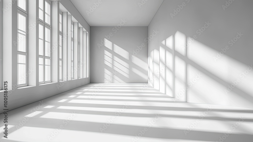 Obraz premium A minimalist, white room with large windows and sunlight streaming in, casting long shadows on the floor.