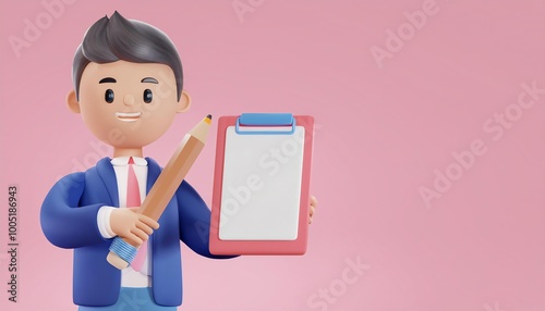 A cheerful cartoon character holds a clipboard and pencil against a pink backdrop, conveying themes of organization and creativity. photo