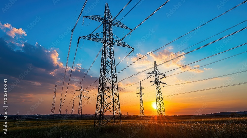 Fototapeta premium Sunset Over Power Lines in Open Landscape