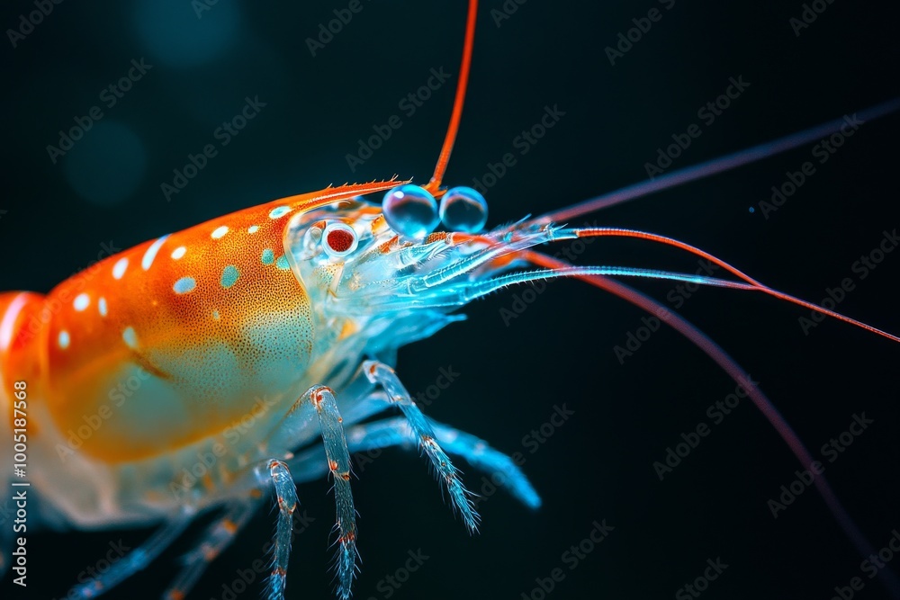 Mystic portrait of Shrimps, copy space on right side, Close-up View, isolated on black background Mystic portrait of Shrimps, copy space on right side, Close-up View, isolated on black background