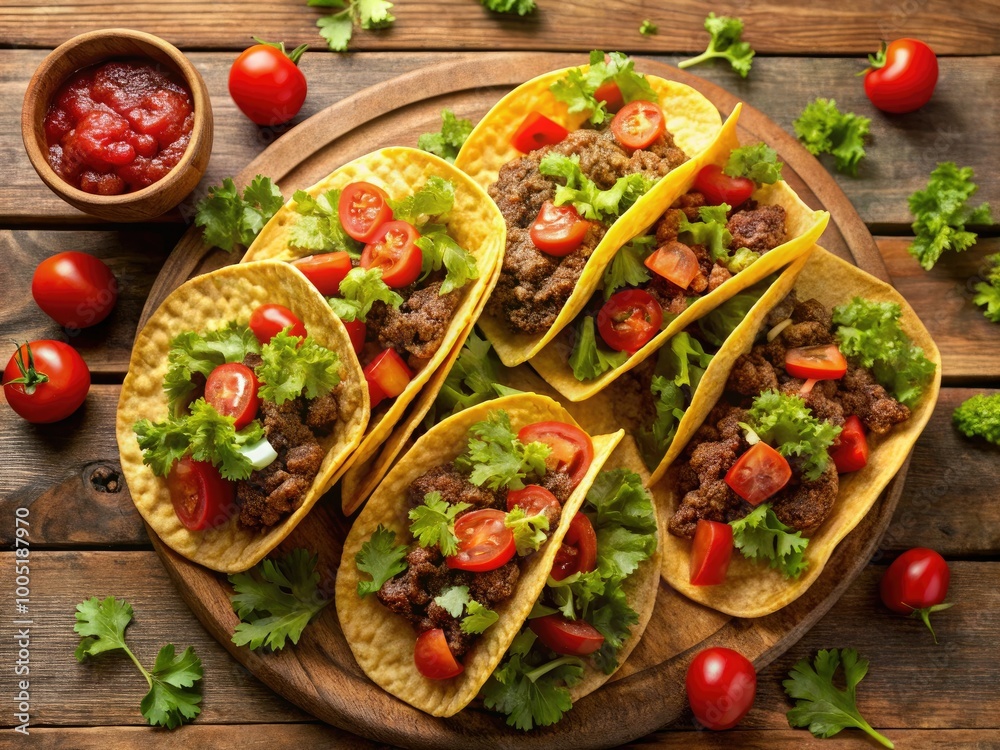 Vibrant, overhead shot of assorted tacos on a rustic wooden table, featuring crispy shells, seasoned ground beef, fresh lettuce, diced tomatoes, and melted cheese. Vibrant, overhead shot of assorted tacos on a rustic wooden table, featuring crispy shells, seasoned ground beef, fresh lettuce, diced tomatoes, and melted cheese.