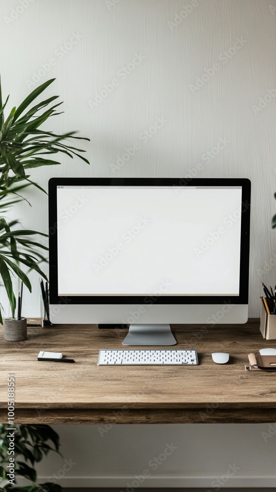 Minimalist home office setup with sleek desktop computer on rustic wooden desk, accompanied by houseplant, creating a serene work environment. Minimalist home office setup with sleek desktop computer on rustic wooden desk, accompanied by houseplant, creating a serene work environment.