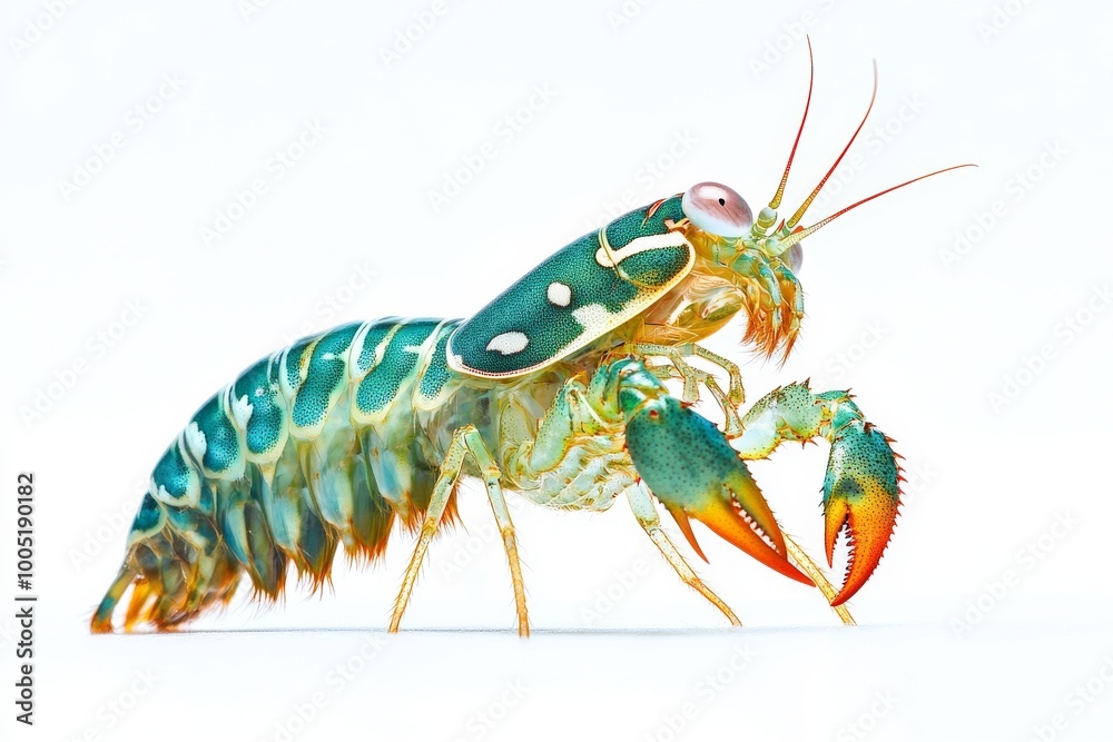 the beside view Mantis Shrimp, left side view, white copy space on right, Isolated on White Background the beside view Mantis Shrimp, left side view, white copy space on right, Isolated on White Background