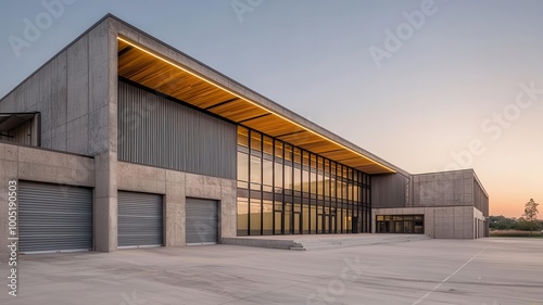 Modern warehouse facade  featuring expansive storage doors  minimalist architecture  and functional design