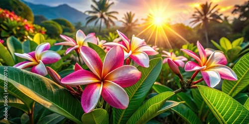 Vibrant pink and white hen tiare flowers bloom on a tropical island, surrounded by lush greenery and warm sunlight, evoking a sense of serenity.