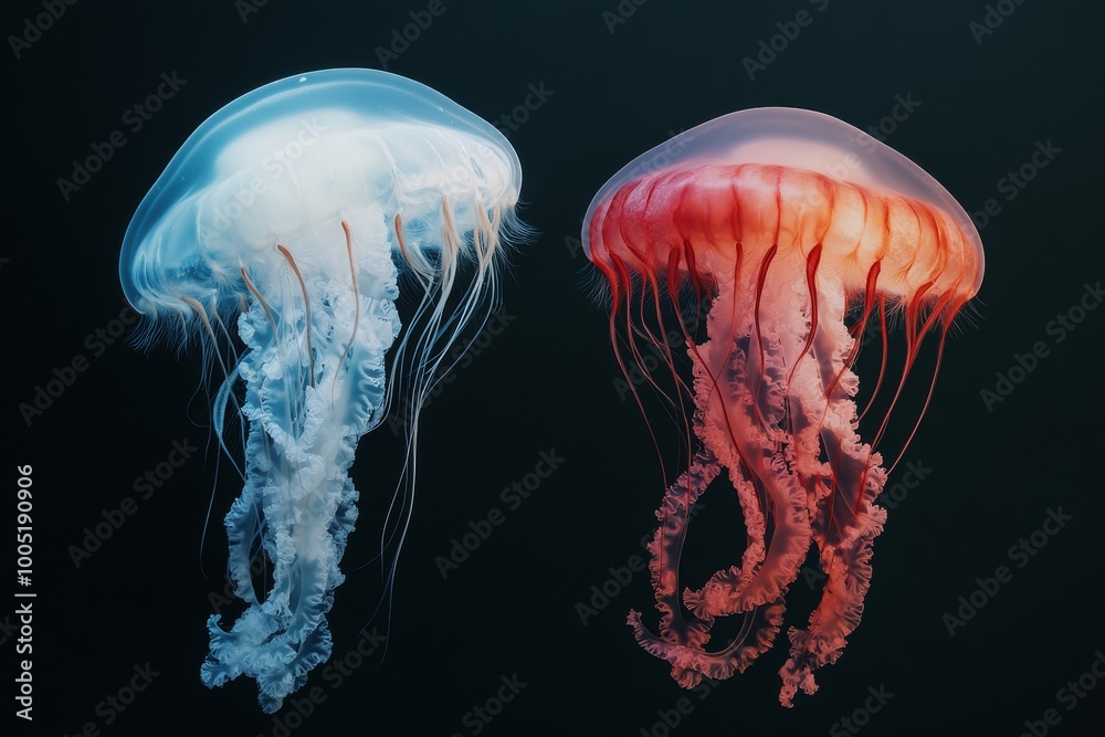 the beside view Jellyfish, left side view, white copy space on right, Isolated on dark Background