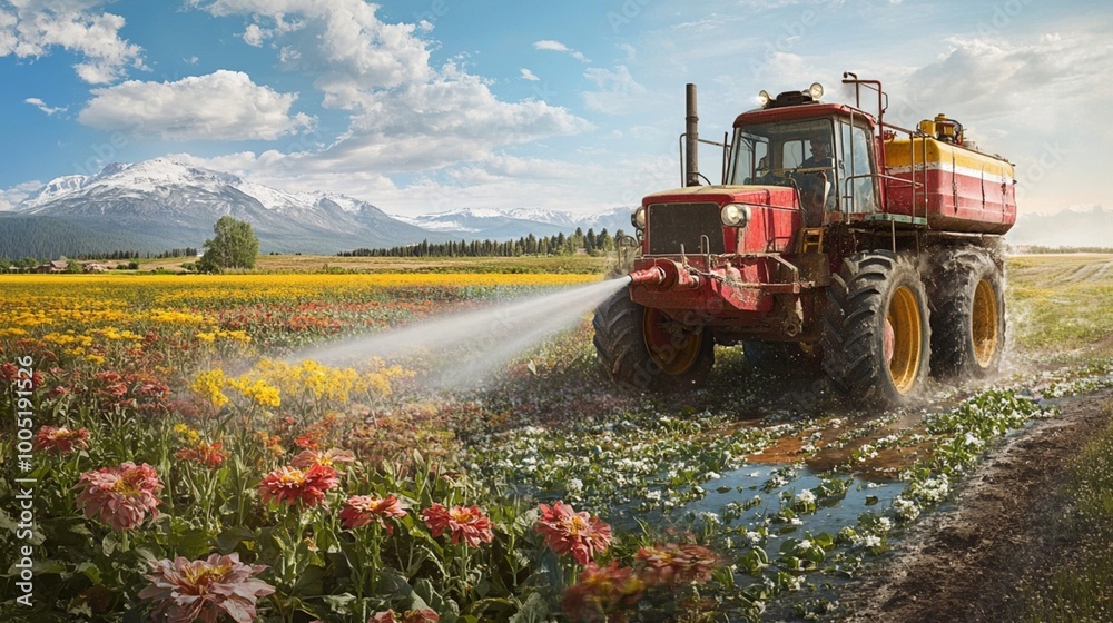 Fototapeta premium Tractor Spraying Water Over Vibrant Flower Field