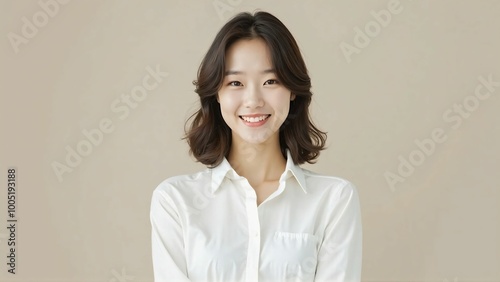 Smiling Japanese Asian Woman in White Shirt - Friendly Portrait