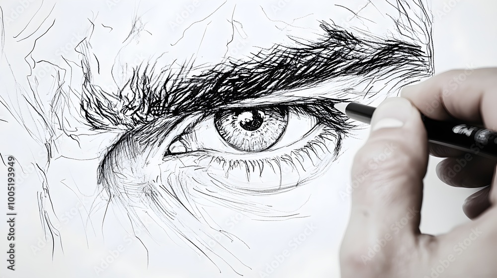 Obraz premium Close-Up of Hand Creating Pencil Drawing of a Face, Artistic Detail and Expression in Sketch