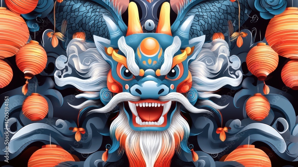 Fototapeta premium Colorful dragon illustration surrounded by bright lanterns and ignited firecrackers