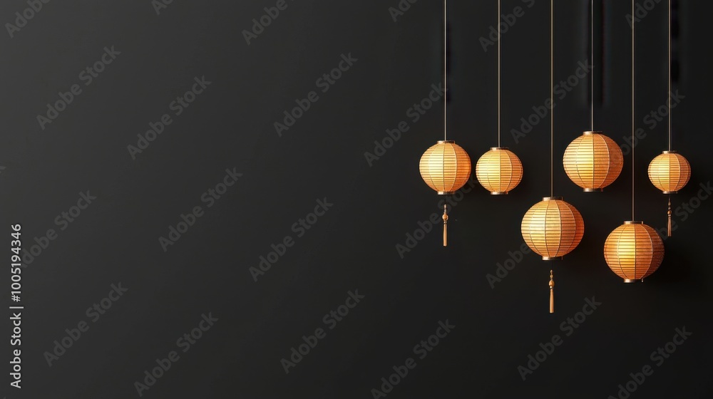 A minimalist row of lanterns hanging from a simple string with a small dragon in the distance on a dark backdrop A minimalist row of lanterns hanging from a simple string with a small dragon in the distance on a dark backdrop