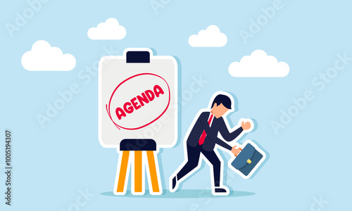 A businessman with a downcast expression stands next to a sign that reads "AGENDA," an illustration of how a packed business schedule leads to exhaustion.