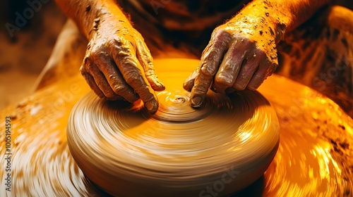 Close-Up of Potter Shaping Clay on Spinning Wheel, Earthy Tones and Soft Lighting