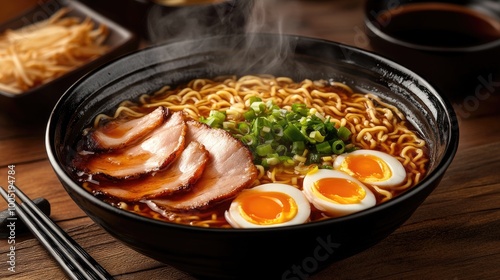 Delicious Ramen Bowl with Toppings and Steam Rising