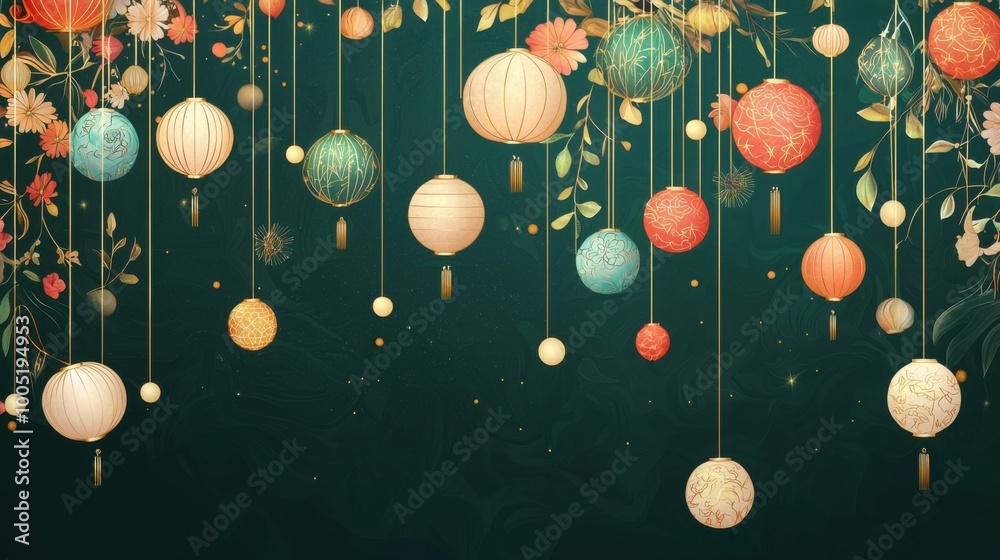 Fototapeta premium Lunar New Year lanterns suspended from golden strings with a dark green background featuring floral elements