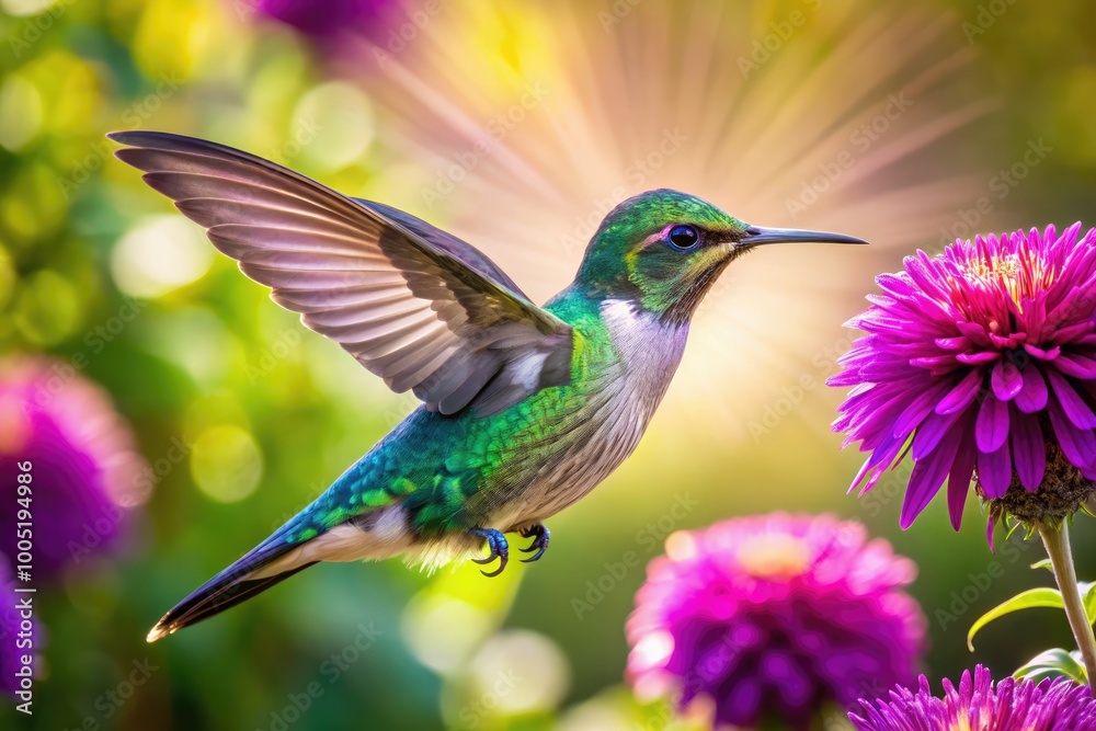 Vibrant purple flower with delicate petals attracts a iridescent hummingbird, its emerald feathers glistening as it sips nectar in a lush, sun-kissed garden setting. Vibrant purple flower with delicate petals attracts a iridescent hummingbird, its emerald feathers glistening as it sips nectar in a lush, sun-kissed garden setting.