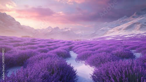 Breathtaking Winter Morning Lavender Fields in Mountains Scenic Snowy Landscape with Purple Nature Background 