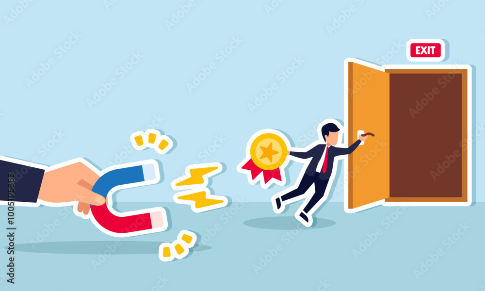 A businessman holds onto a door while trying to protect his award medal from a magnet's pull, an illustration of the effort to maintain business performance and success. A businessman holds onto a door while trying to protect his award medal from a magnet's pull, an illustration of the effort to maintain business performance and success.