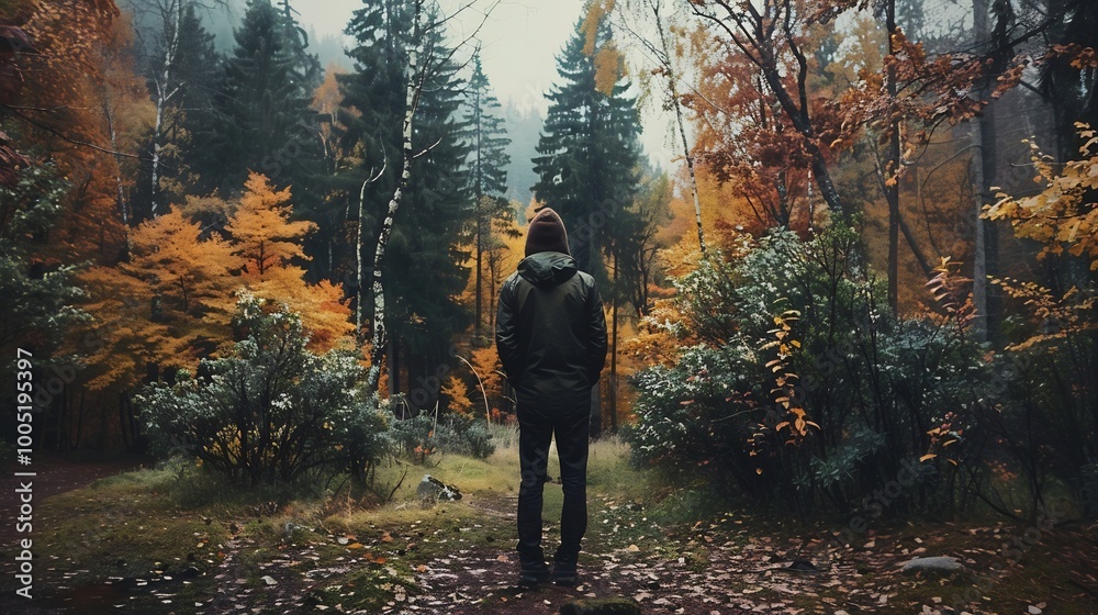 Man Contemplating Autumnal Forest Man Contemplating Autumnal Forest