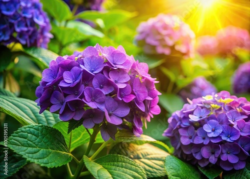 Vibrant purple Hortencia flowers bloom amidst lush green foliage, their delicate petals and golden centers glistening in soft, warm sunlight. photo