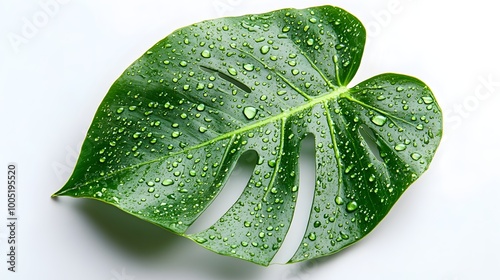 Green Leaf with Dew Drops Isolated on White Background, Nature-Inspired Freshness