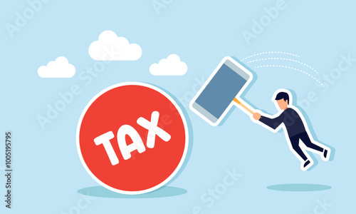 A businessman with a large hammer is attempting to strike a ball labeled TAX, an illustration of the effort to pay or settle business tax bills.