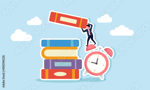 A businessman carrying a book is climbing on an alarm clock to organize the book, an illustration of the completion of a business project report on time.