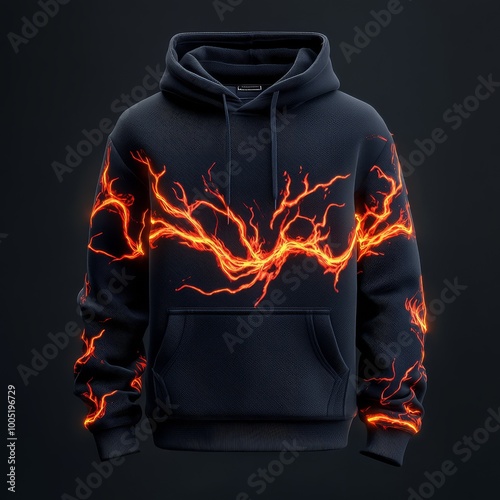 Stylish black hoodie with striking neon lightning graphic on sleeves and chest, perfect for trendy and unique fashion statements.