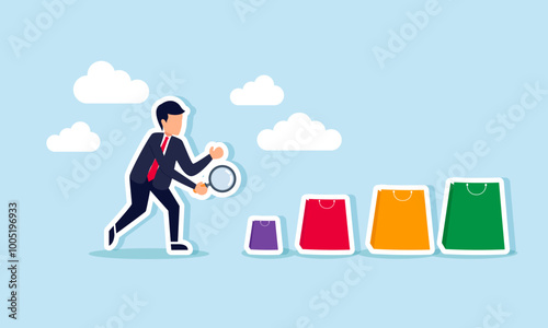 A businessman holding a magnifying glass investigating a row of shopping bags, an illustration of research into company business expenses