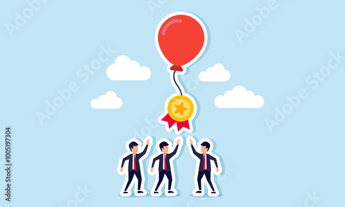 A group of businessmen competing for an award medal attached to a floating balloon string, an illustration of business competition to become a leading player in their field