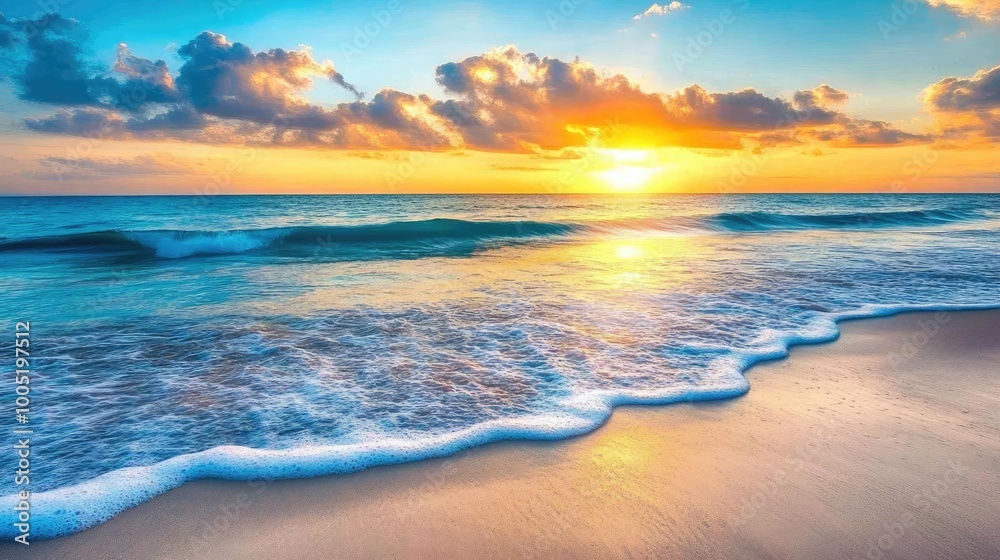 Obraz premium A scenic sunset over the ocean with waves crashing on the sandy shore.