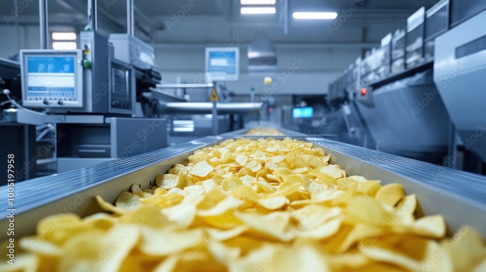 Potato Chips on a Conveyor Belt in a Factory Potato Chips on a Conveyor Belt in a Factory