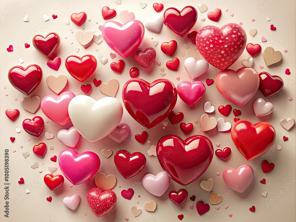 Vibrant red and pink hearts of various sizes float against a soft, creamy white background, creating a romantic and whimsical atmosphere perfect for Valentine's Day designs. Vibrant red and pink hearts of various sizes float against a soft, creamy white background, creating a romantic and whimsical atmosphere perfect for Valentine's Day designs.