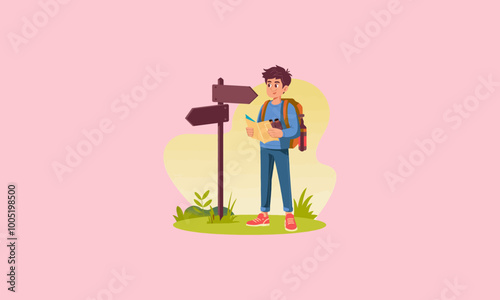 Boy with a backpack reading a map at crossroads.