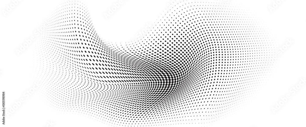 Flowing Wave Dot Halftone Pattern: Curve Gradient Shape on Transparent Background. Suitable for AI, Tech, Network, Digital, Science, and Technology Themes. Flowing Wave Dot Halftone Pattern: Curve Gradient Shape on Transparent Background. Suitable for AI, Tech, Network, Digital, Science, and Technology Themes.