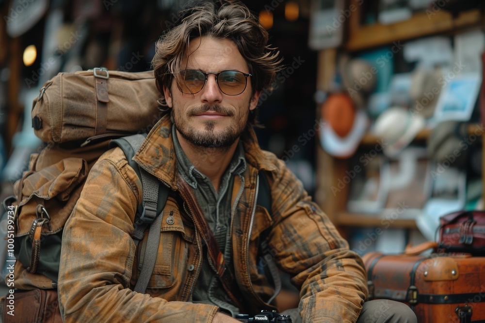 Fototapeta premium Handsome travel blogger captures adventure with retro camera while sitting on vintage suitcase