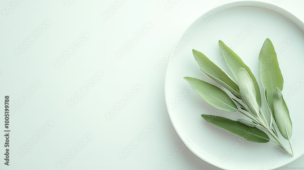 Fresh Sage Leaves on a White Plate in Soft Focus Fresh Sage Leaves on a White Plate in Soft Focus
