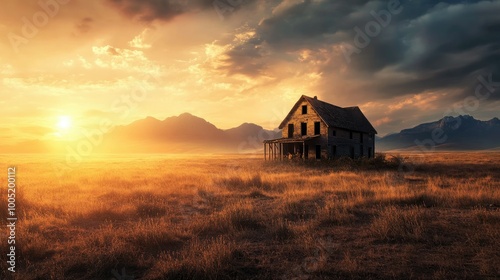 Abandoned Farmhouse in a Vast Dry Field at Sunset