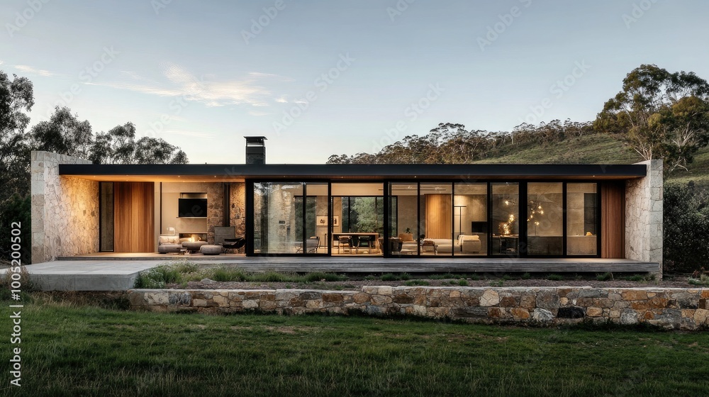 Modern Home Surrounded by Nature at Dusk Modern Home Surrounded by Nature at Dusk