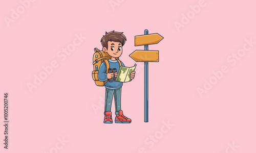 Boy with a backpack reading a map at crossroads.