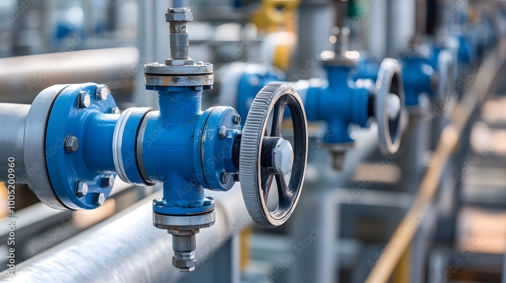 A pipe with a valve on it. The valve is black and has a blue dial. The pipe is silver and has a lot of bolts A pipe with a valve on it. The valve is black and has a blue dial. The pipe is silver and has a lot of bolts