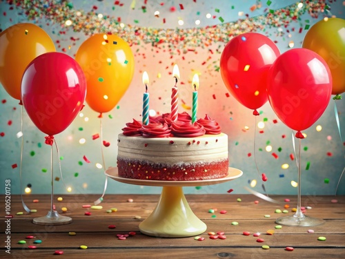 Vibrant red balloons and confetti surround a festive cake with lit candles, celebrating a joyous birthday occasion with warmth and festive cheer. photo