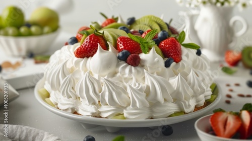 Delicious Pavlova Dessert with Fresh Fruits and Cream